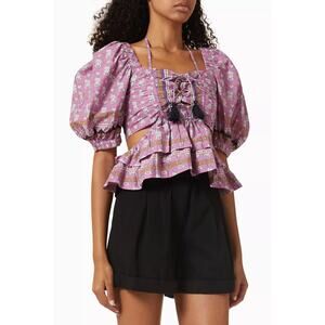 Sea New York Perry Lace-Up Cutout Floral-Print Cotton-Poplin Blouse Lilac - XS
